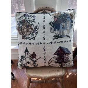 Birdhouses Tapestry Throw Pillow Garden Floral Birds Vintage 16x16